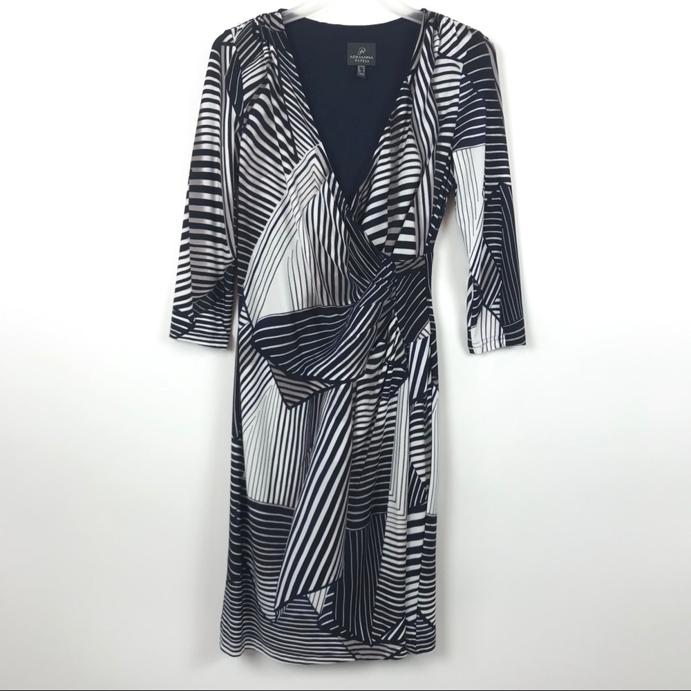 Adrianna Papell Faux Wrap White Blue Print Dress